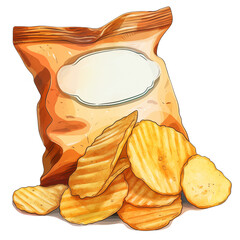Bag of Potato chips watercolor illustration png isolated on a transparent background, clipart 
 