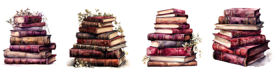 Watercolor illustration. pile of books watercolor collection isolated on transparent background - obrazy, fototapety, plakaty