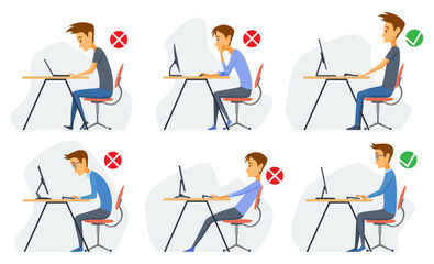 Correct body alignment in sitting working with computer. Wrong posture cause office syndrome and back pain. Vector illustration set