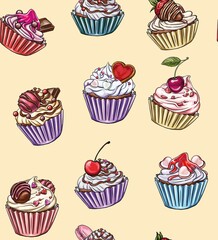 Seamless pattern of cupcakes decorated for love related occasions: Valentine's Day, romantic date, digital printing, t-shirt design, stickers