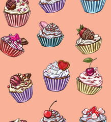Seamless pattern of cupcakes decorated for Peach Fuzz background occasions related to love: Valentine's Day, romantic date, digital printing, t-shirt design, stickers.