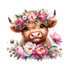 Cute Highland Cow Pink Peonies . Animal Flowers Illustration 