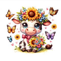 Cute Highland Cow Summer Flowers. Animal Sunflowers Illustration 