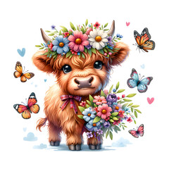 Cute Highland Cow Summer Flowers. Animal Wildflowers Illustration 