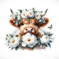 Cute Highland Cow White Peonies . Animal Flowers Illustration 