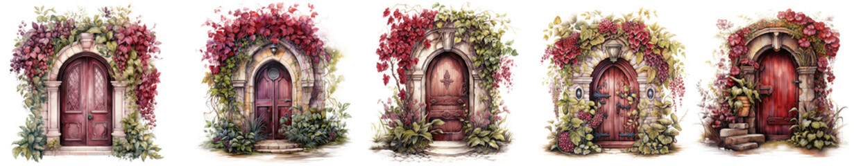 fairytale gothic garden door to the castle watercolor collection isolated on transparent background - obrazy, fototapety, plakaty
