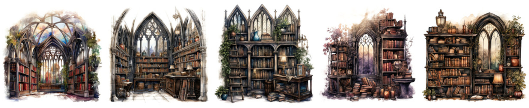 fairytale gothic library clipart watercolor collection isolated on transparent background
