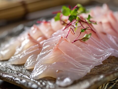 Ultra-Detailed High-Quality Madai Sashimi Artistry - Fresh Garnish and Expert Presentation at Northern Thailand Sushi Bar