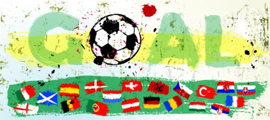Foto op Aluminium soccer, football, illustration with paint strokes and splashes, flags and lettering "goal", grungy mockup, great soccer event this year © Kirsten Hinte