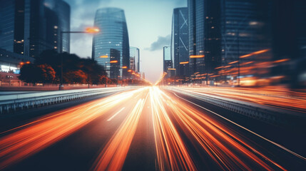 Light flow of traffic on a evening highway in a city with modern high buildings - obrazy, fototapety, plakaty