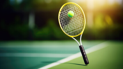 Closeup tennis racket hitting the ball on a green tennis court - Powered by Adobe