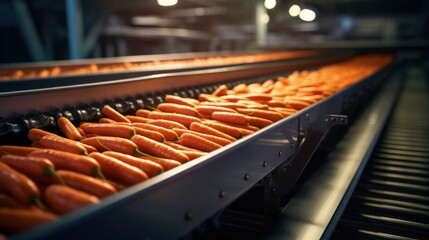 Closeup fresh raw carrots on the conveyor belt - obrazy, fototapety, plakaty