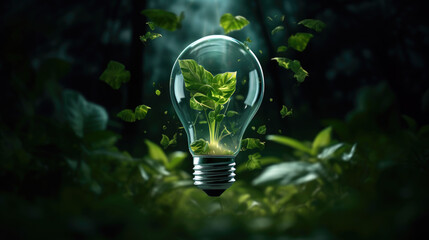 Sprout inside of light bulb on green nature background