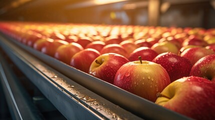 Closeup fresh apple fruits on the conveyor belt - obrazy, fototapety, plakaty