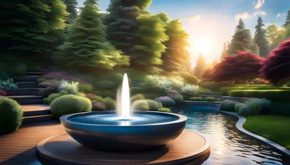 Tuinposter modern design water feature fountain waterfall in the form of a wide banner with copy space, garden landscape design concept, © Perecciv