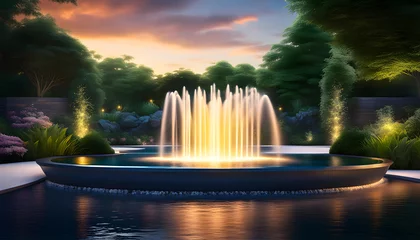 Foto op Canvas modern design water feature fountain waterfall in the form of a wide banner with copy space, garden landscape design concept, © Perecciv