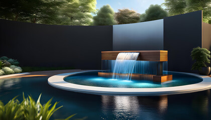 modern design water feature fountain waterfall in the form of a wide banner with copy space, garden...