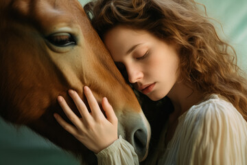 A woman rests her head on a horse's face, eyes closed, sharing a peaceful moment.
