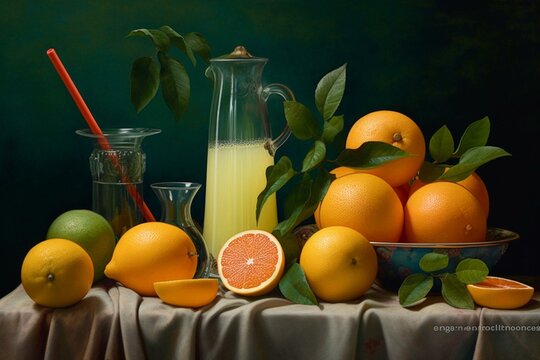 Artwork depicting citrus fruits and a drinking vessel with a long tube. Generative AI