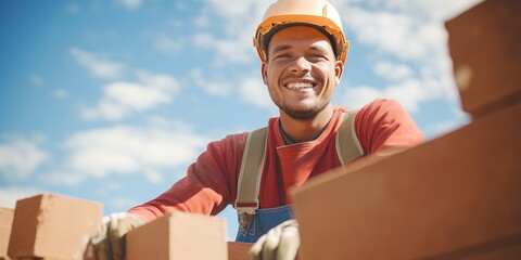 Bricklayer laying brick on cement mix on construction site close-up. Reduce the housing crisis by building more affordable houses concept - Powered by Adobe