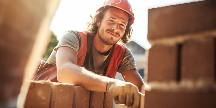 Bricklayer laying brick on cement mix on construction site close-up. Reduce the housing crisis by building more affordable houses concept