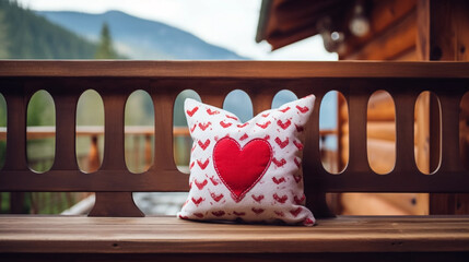 Valentine's card mockup with sewn pillow hearts on rustic wooden bank, traditional tirol atmosphere. Outdoors. Copy space for banner. Copy space for banner. Copy space for banner. Beautiful background