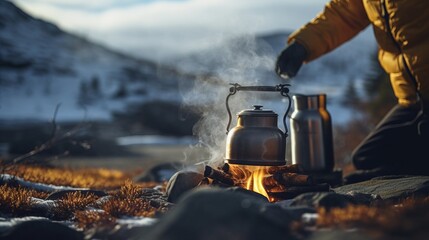 Camping in the mountains. An alternative source for cooking at home during a power outage. - obrazy, fototapety, plakaty