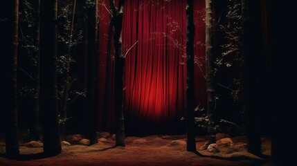 Theatre scene with red velvet curtain in the forest. In twin peaks style.