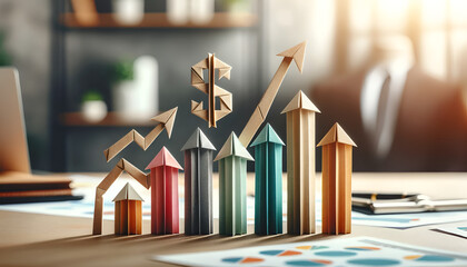 3D Origami Financial Growth Chart with Upward Arrow