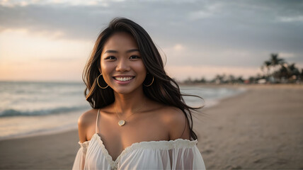 Fototapeta na wymiar Portrait of a Beautiful Young Filipina Model Woman for a Swimwear Campaign Advertisement in a Beach at Sunset