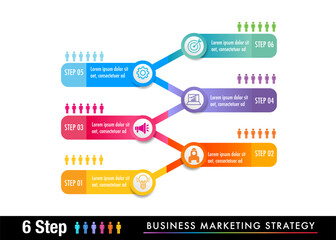 6 step develop marketing strategic plan and road map for business chart to present data, progress, direction, clean design	
