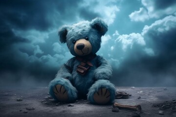 Concept of a melancholic teddy bear on a blue Monday, often regarded as the gloomiest day of the year. Generative AI - obrazy, fototapety, plakaty
