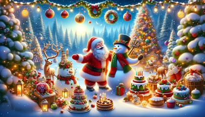 Fototapeta premium carousel in the park with santa, snow man, Christmas party, New year , celebrations, Winter holiday 