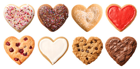 Heart Love shape cookie cookies biscuit, sprinkle and icing set, on transparent background cutout. PNG file. Many assorted different design. Mockup template for artwork design