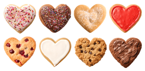 Heart Love shape cookie cookies biscuit, sprinkle and icing set, on transparent background cutout. PNG file. Many assorted different design. Mockup template for artwork design