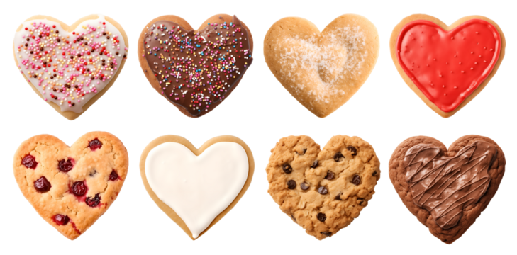 Heart Love shape cookie cookies biscuit, sprinkle and icing set, on transparent background cutout. PNG file. Many assorted different design. Mockup template for artwork design
