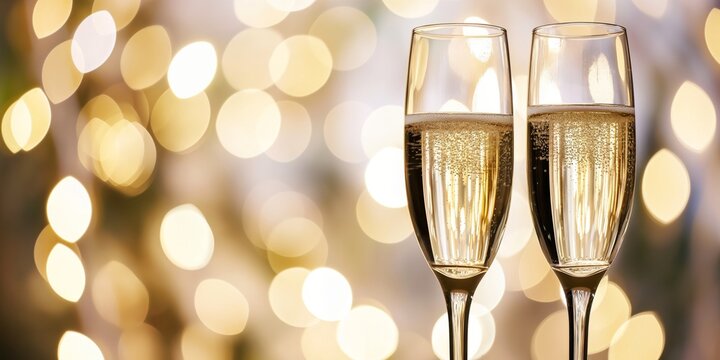 Clinking Champagne Glasses - Celebration Drinks Concept on a Bokeh Background