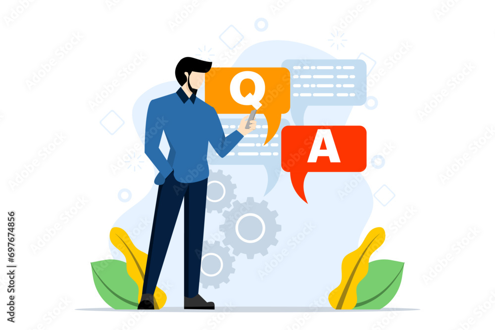 Poster customer service concept. users ask questions in support chat. our collection of contacts, faqs, que