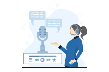 Online Podcasting Concept, Characters Listening to Podcasts on Mobile Application. Online Radio Show. Audio podcasts. blogging, podcasting, podcast app. Vector illustration for Web Design.
