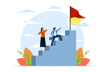 concept of business mentor helping others to advance career and holding ladder vector illustration. business self development strategy flat style design Guidance, skill improvement and climbing. - obrazy, fototapety, plakaty