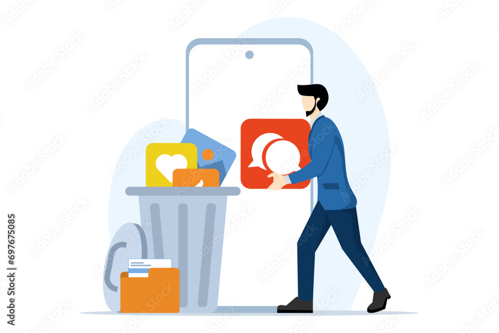 Poster concept of character cleaning cell phone from junk files. people delete documents with software. use