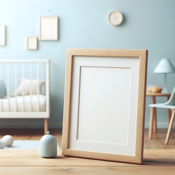 Mockup frame empty copy space of wooden frame closeup in Children baby Child nursery interior room, pastel color wall , Boho, Cozy, Scandinavian, minimal decorative, blank space photo frame
