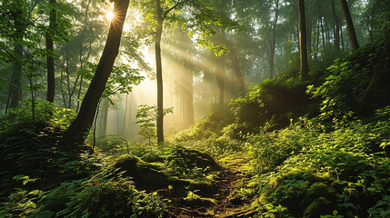 bellissimo panorama di foresta con raggi di sole che spuntano nell'oscurità della foresta , formato banner,