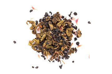 Tea with strawberry flavor and passion fruit on white background.