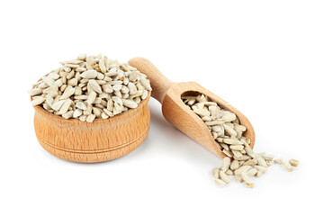 Hulled sunflower seeds in wooden bowl isolated on white background, refresh hulled sunflower seeds...
