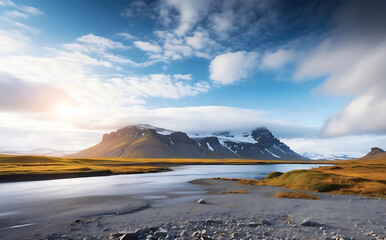 Panoramic view Icelandic landscape with mountains and lake