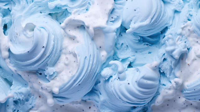 Close-up of the texture of blue bubblegum creamy ice cream with sprinkles. Creative background of delicious dairy ice cream with natural ingredients.