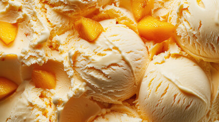 Close-up of the texture of orange creamy ice cream balls with peach. Creative background of...