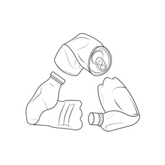 Isolated recycle, reuse, renew icon made from outline used bottle and soft drink can shape in triangle, for ecology, recycle, green symbol