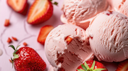 Close-up of the texture of pink creamy ice cream balls with strawberries. Creative background of delicious dairy ice cream with natural ingredients.